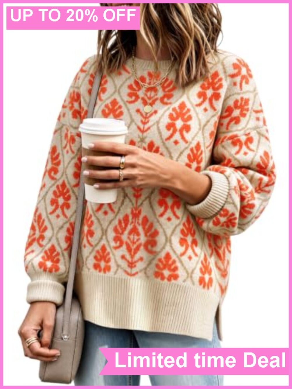 Oversized Floral Knit Pullover Sweater Crew Neck Long Sleeve